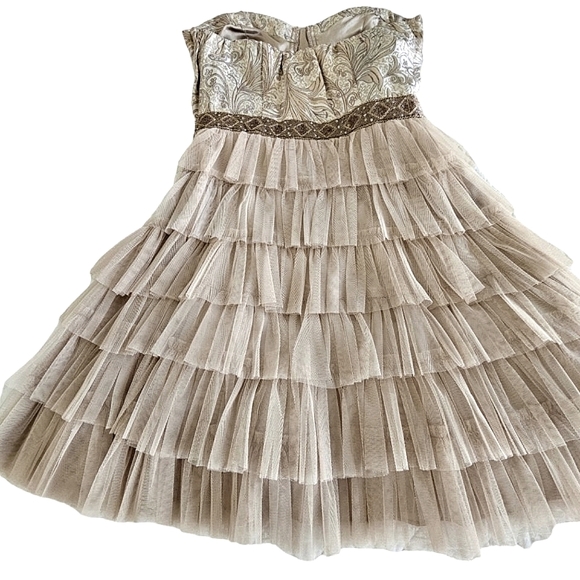 Inspire Me Strapless Taupe/Gold Tapestry Bow/Tiered Mesh Ruffle Party Dr… - Picture 11 of 17